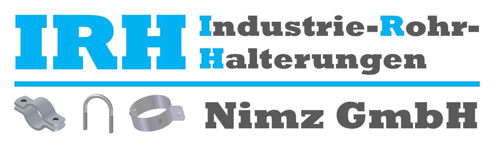 IRH Industrie-Rohr-Halterungen Nimz GmbH Logo, blaue und graue Schrift mit Rohrschellen.