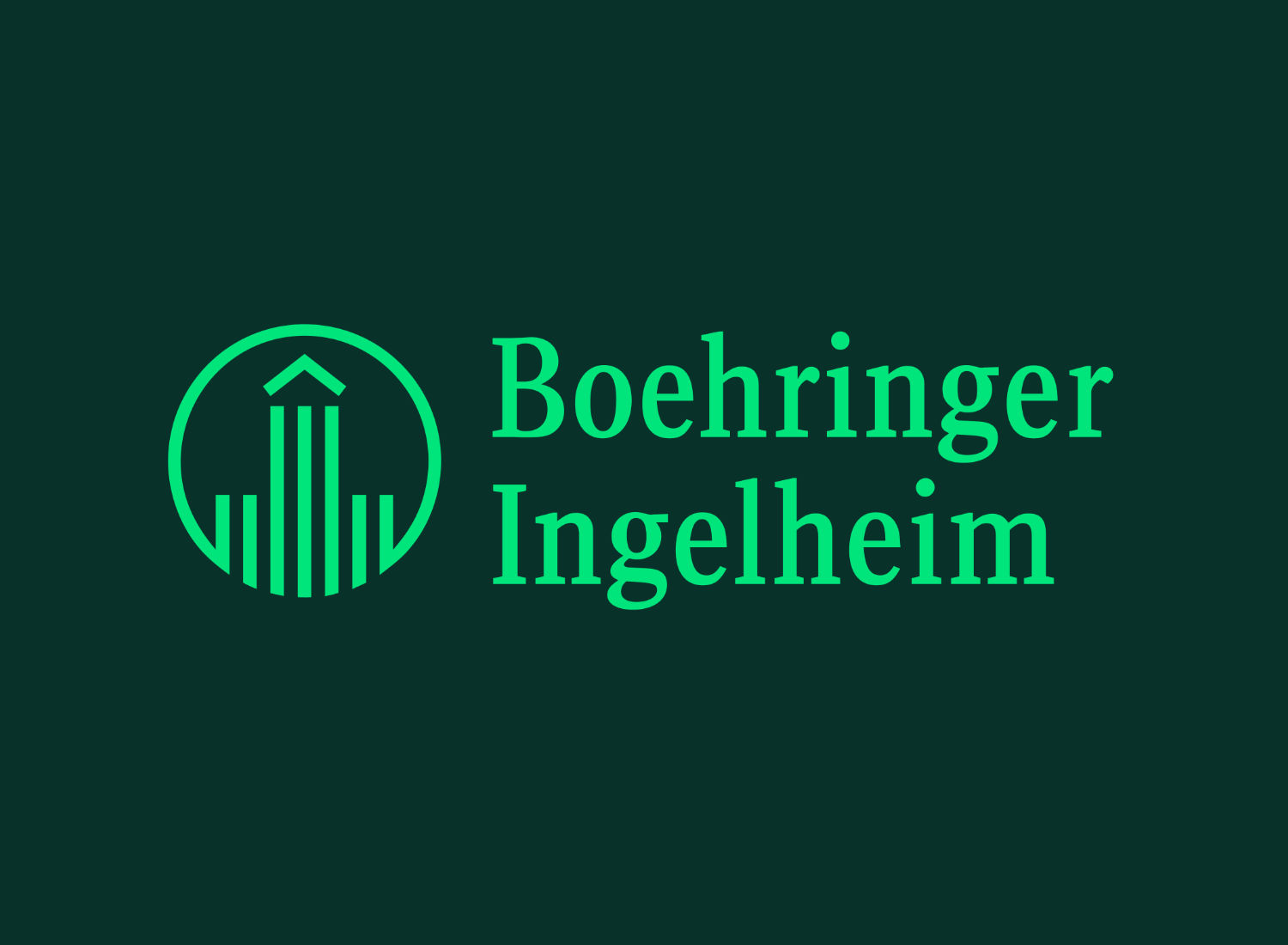 Boehringer Ingelheim Logo in grün auf dunklem Hintergrund mit modernem Design