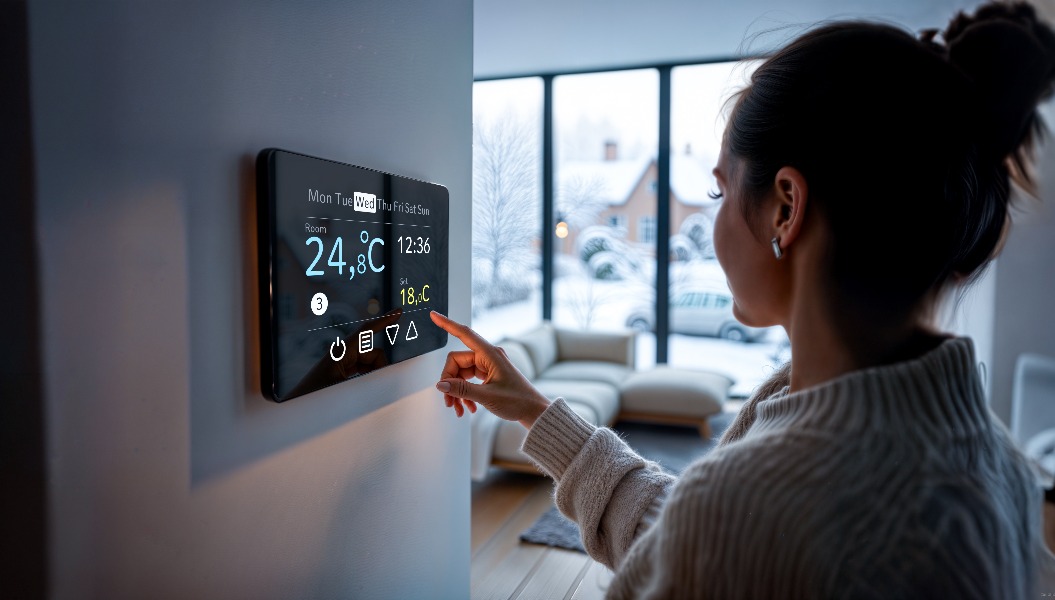 Eine Frau senkt die Temperatur an einem intelligenten Bedienfeld und setzt dabei auf Ökologie und Einsparungen angesichts einer möglichen Energiekrise. Die verschneite Landschaft draußen unterstreicht die winterliche Atmosphäre.