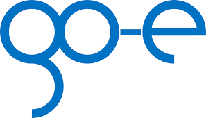 Blaues Go Logo mit stilisiertem Punkt und eleganten Kreisen.