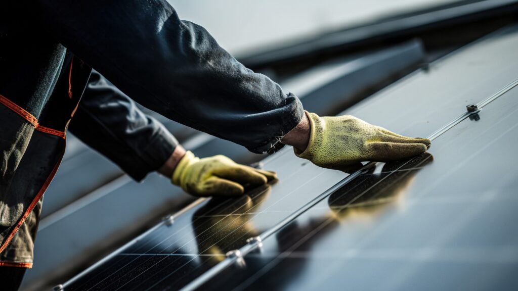 Mitarbeiter einer Firma, die Solarmodule installiert, auf dem Dach