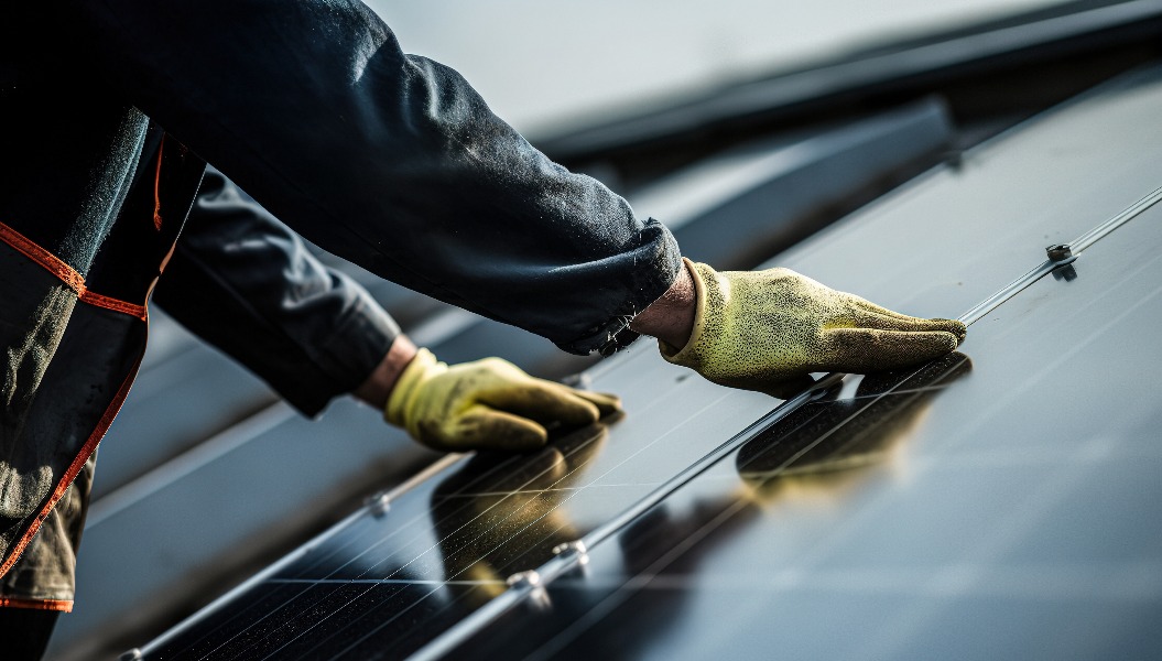 Mitarbeiter einer Firma, die Solarmodule installiert, auf dem Dach
