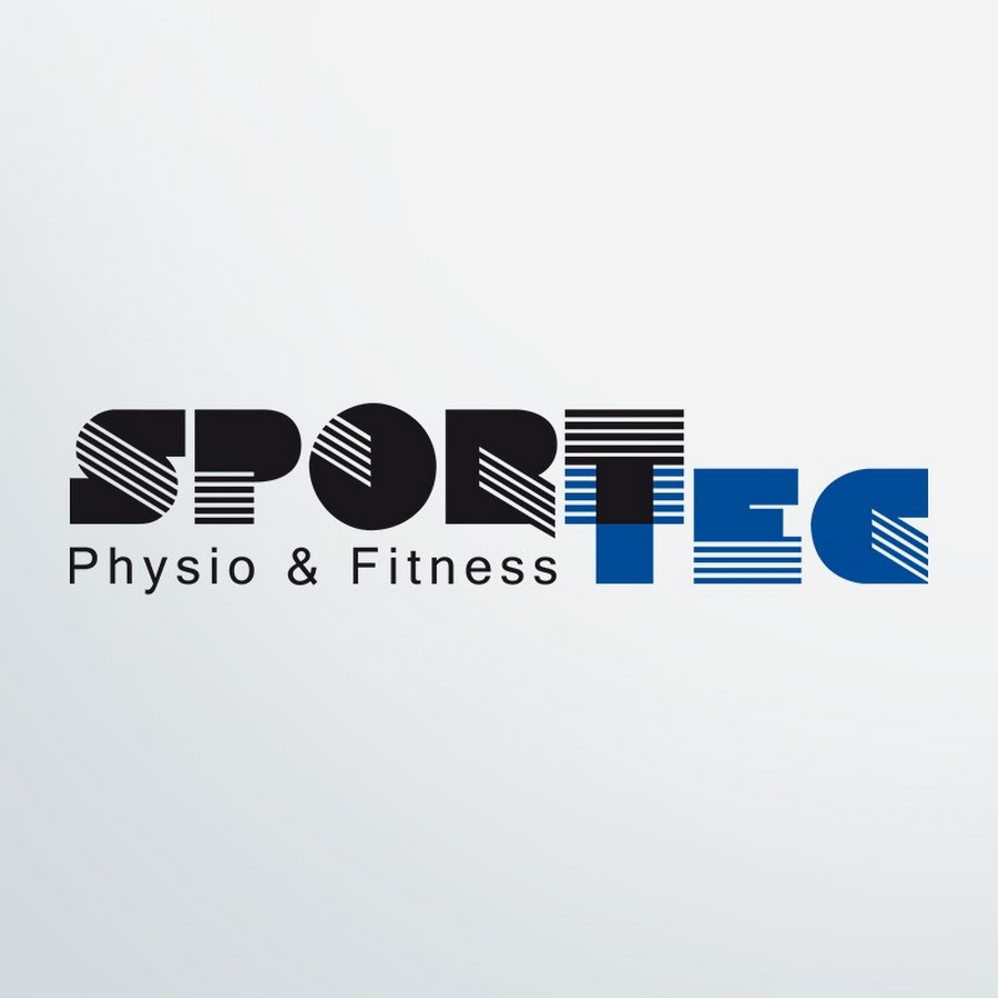 SPORT TEC-Logo in Schwarz und Blau mit Streifenmuster und Text "Physio & Fitness"