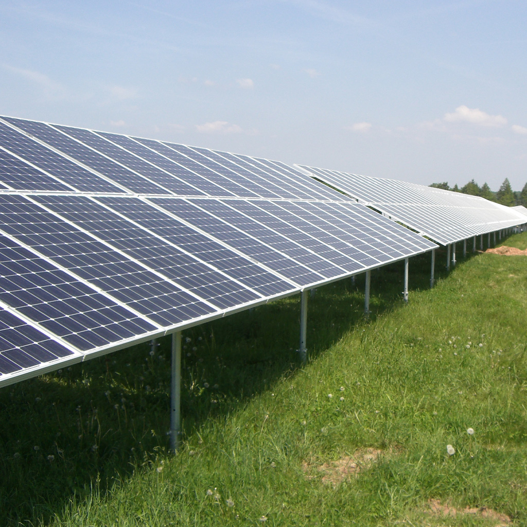 Mehrere Solarpanels glänzen silbern auf grüner Wiese unter blauem Himmel
