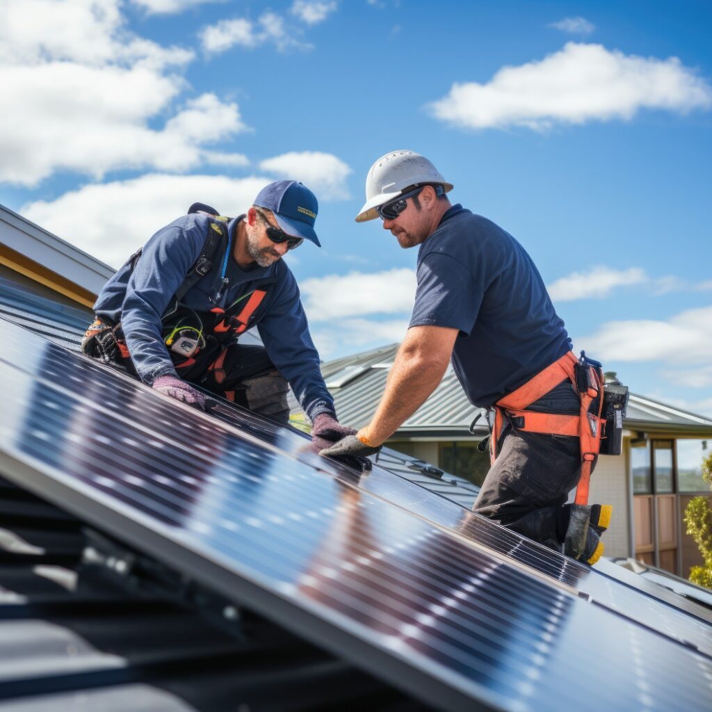 Arbeiter montieren Solarpaneele auf dem Dach, Workers mount solar panels on the roof
