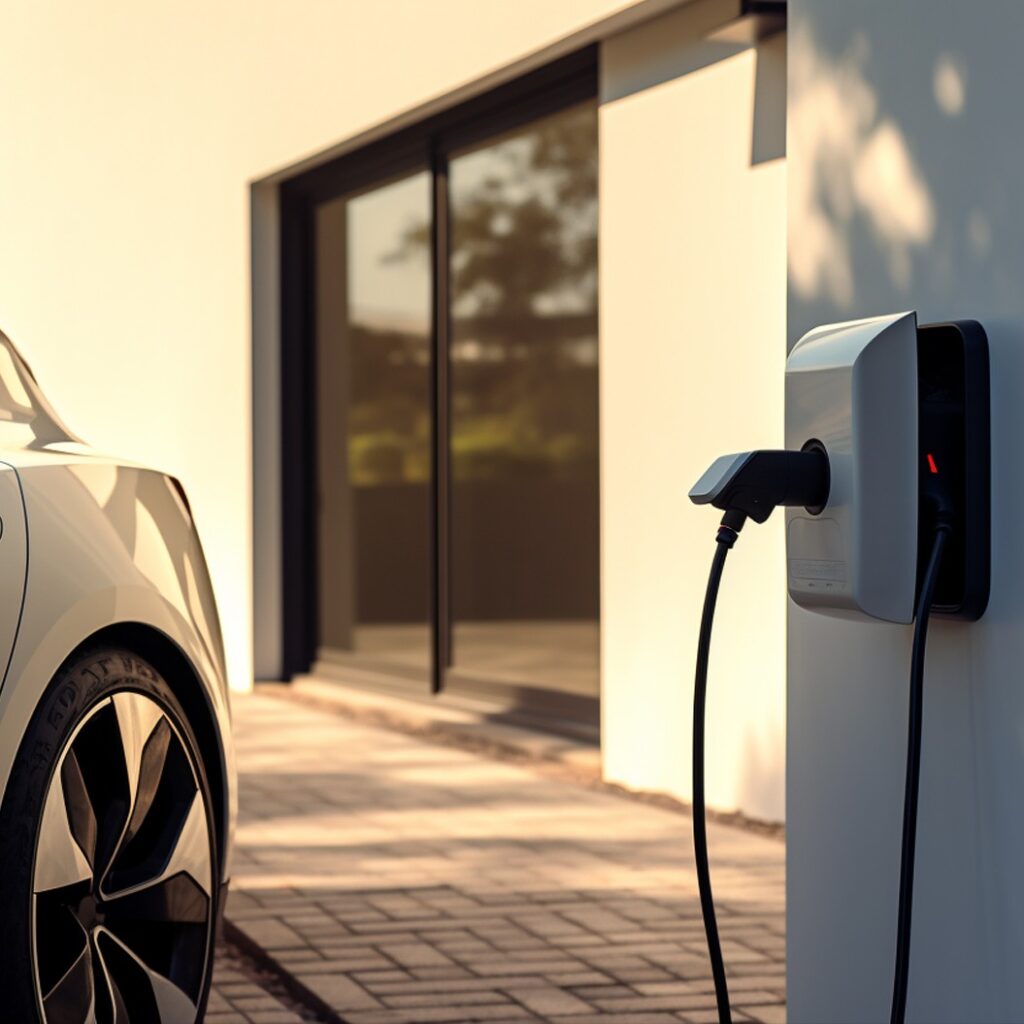 Ein Elektrofahrzeug, genauer gesagt ein Hybrid-Elektrofahrzeug, wird an einer Wallbox an einem modernen Wohngebäude aufgeladen. Technologie zum Aufladen von Elektrofahrzeugen zu Hause.