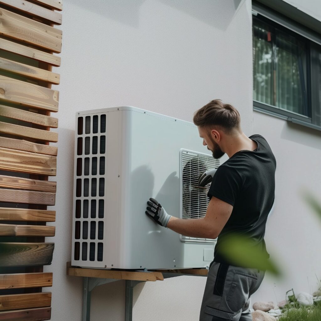 Ein professioneller Techniker installiert sorgfältig eine moderne Wärmepumpe außerhalb eines Hauses mit Sonnenkollektoren auf dem Dach.