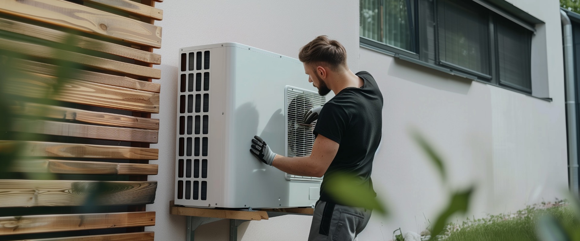 Ein professioneller Techniker installiert sorgfältig eine moderne Wärmepumpe außerhalb eines Hauses mit Sonnenkollektoren auf dem Dach.