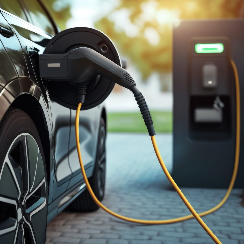Eine Ladestation für Elektroautos, ein Fahrzeug der Gegenwart und Zukunft, ein umweltfreundliches Fahrzeug, Generative KI.