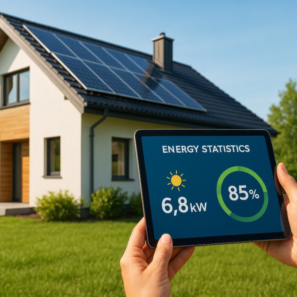 Eine Person hält an einem sonnigen Tag ein Tablet mit Energiedaten vor einem modernen Haus mit Sonnenkollektoren in der Hand.