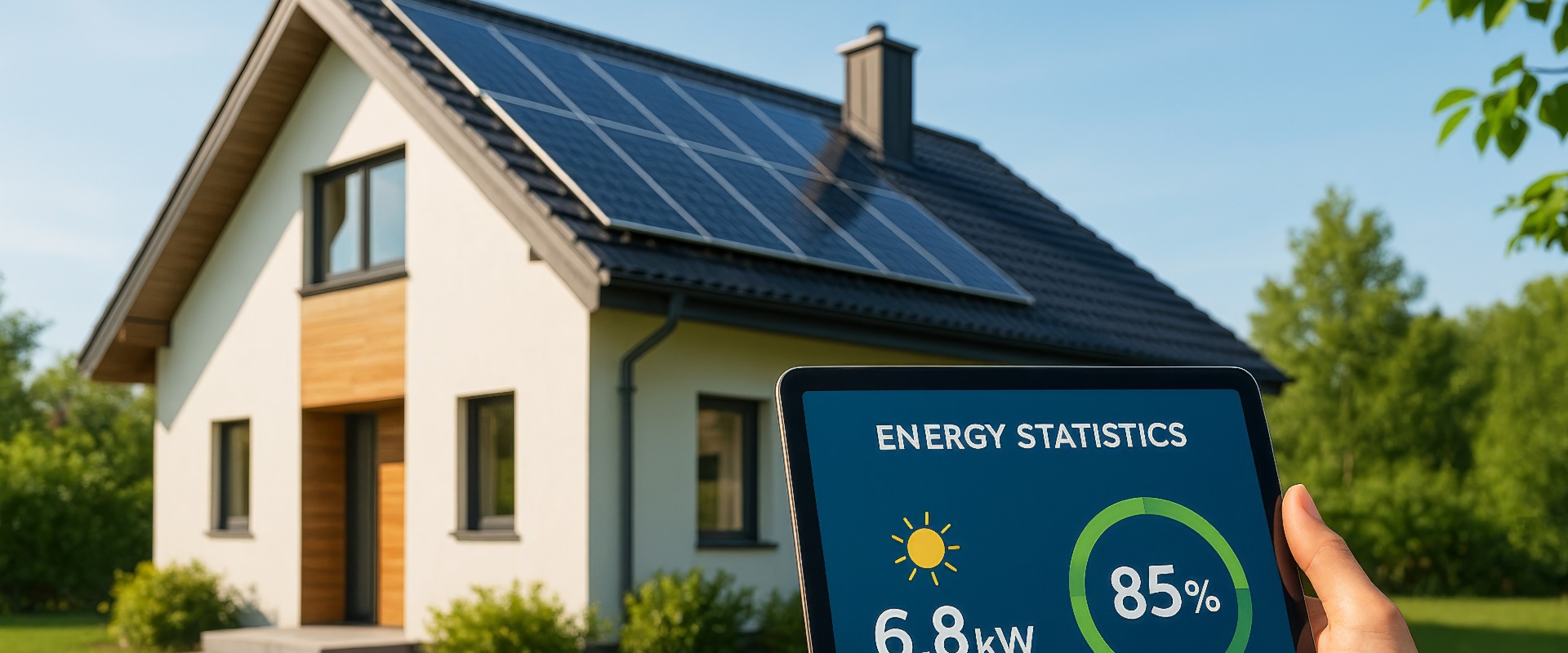 Eine Person hält an einem sonnigen Tag ein Tablet mit Energiedaten vor einem modernen Haus mit Sonnenkollektoren in der Hand.