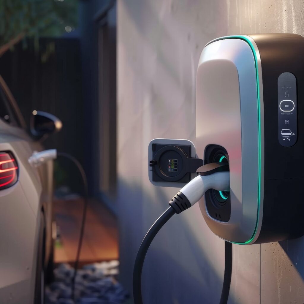 Elektrofahrzeug-Ladestation mit angeschlossenem Kabel