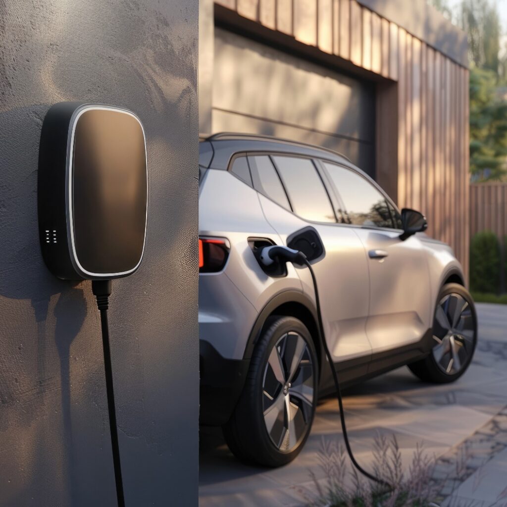 EV-Stromversorgung für eine tragbare Ladestation für Elektroautos in der Nähe des Hauses, Garagenstation zu Hause