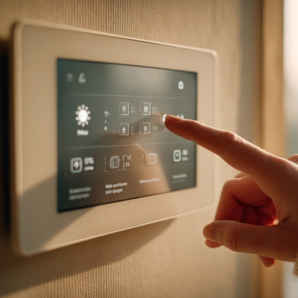 Frau, die ein Smart-Home-System über ein Bedienfeld verwaltet