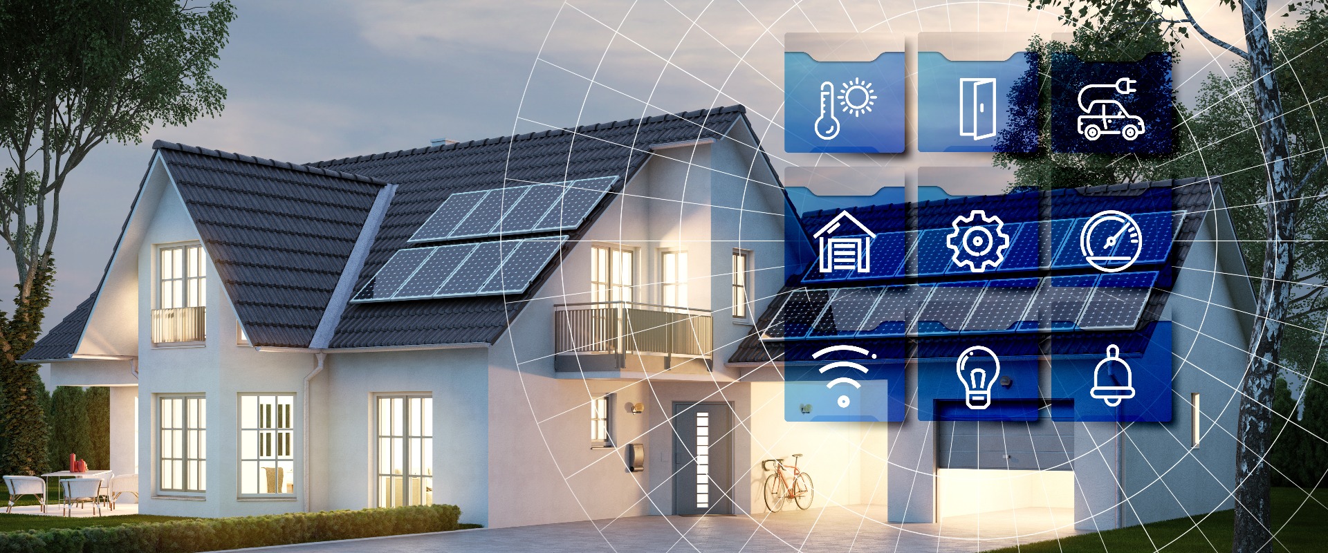 Haus mit Garage am Abend mit Smart Home Technologie