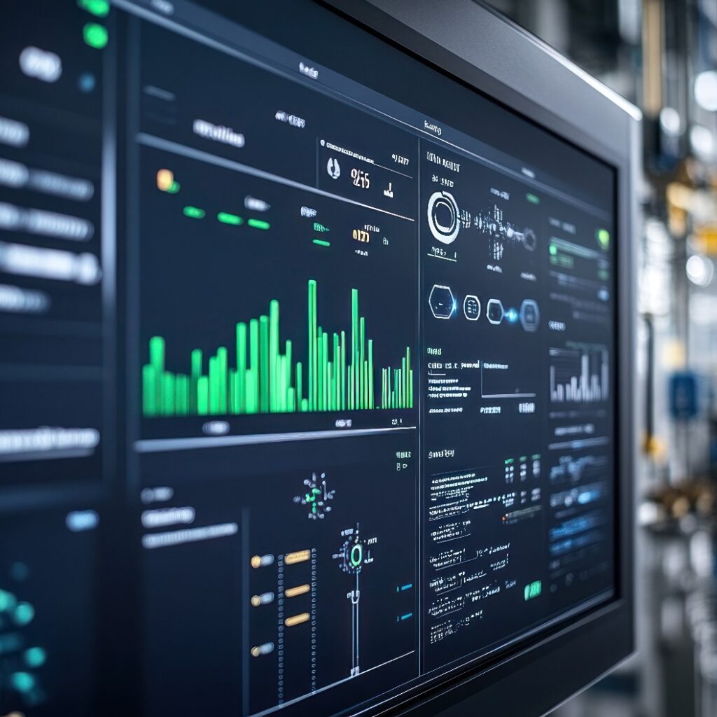 KI-gesteuertes Energiemanagementsystem in einer Fabrik: Smart Grids, digitale Anzeigen, energieeffiziente Produktion, optimierte industrielle Abläufe
