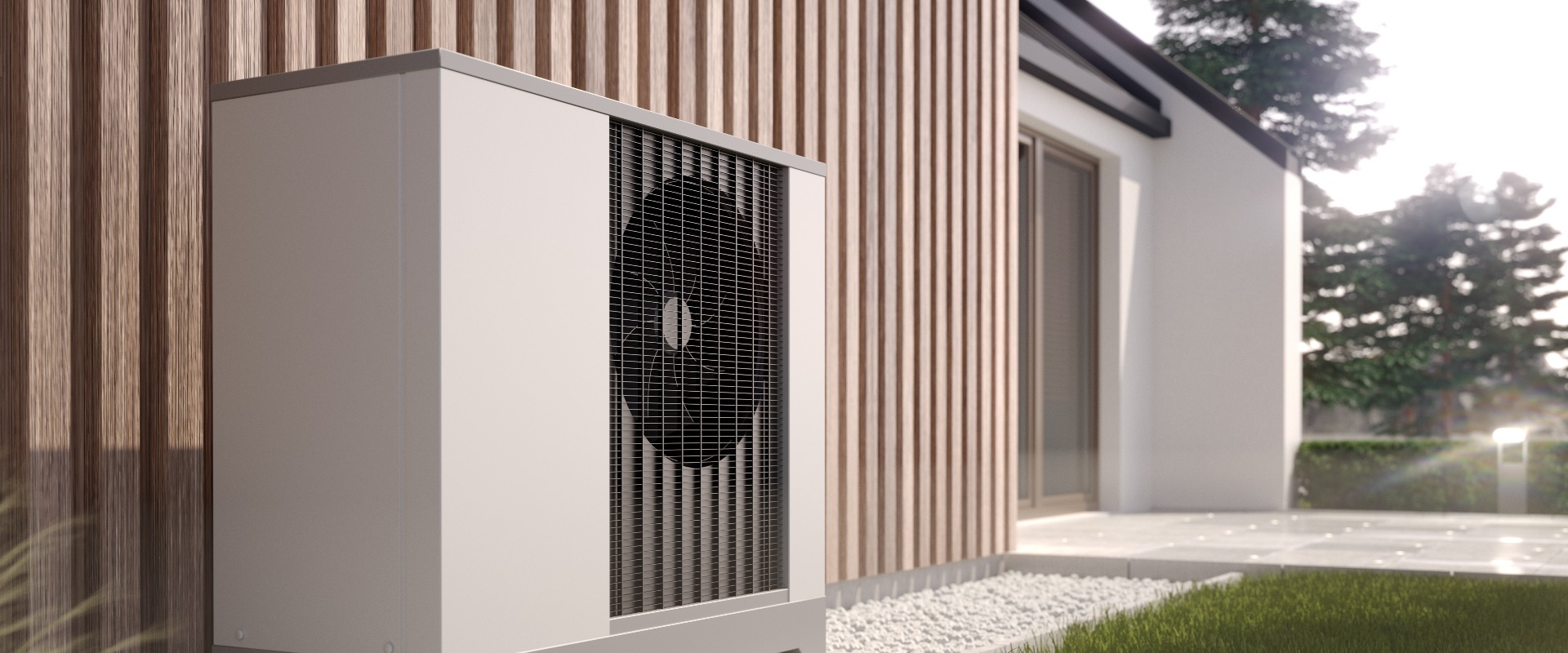 Luftwärmepumpe neben dem Haus, 3D-Darstellung