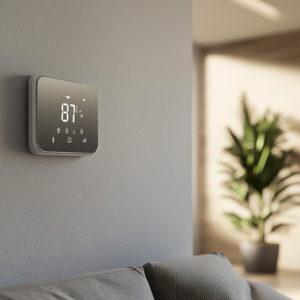 Moderner intelligenter Thermostat an der Wand, Anzeige 87