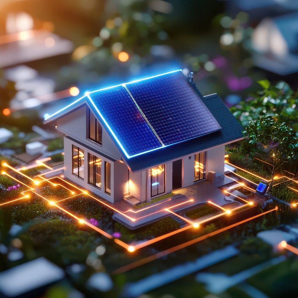 Modernes Haus mit Sonnenkollektoren, umgeben von Grünflächen und beleuchteten Wegen, das sich durch nachhaltiges Design und Energieeffizienz auszeichnet.