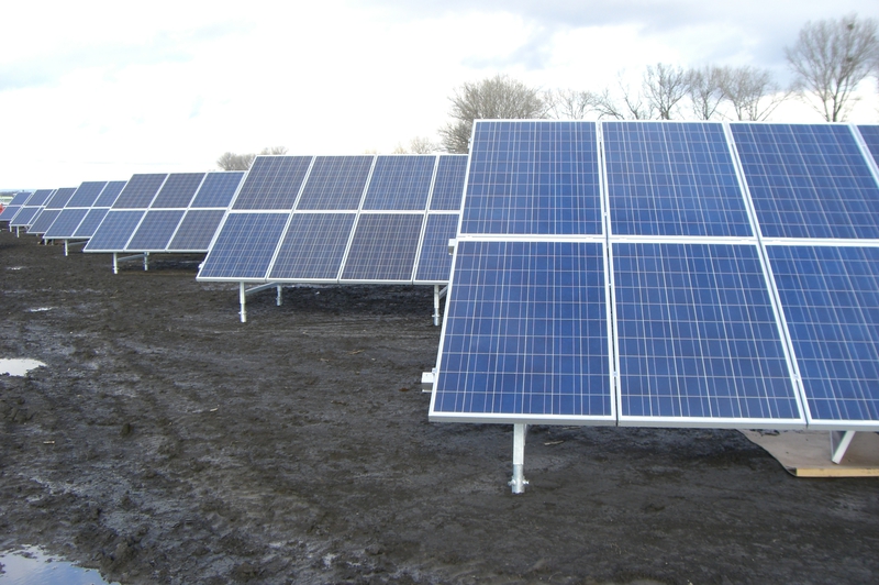 Mehrere große blaue Solarmodule stehen schräg auf nassem braunem Boden im Freien