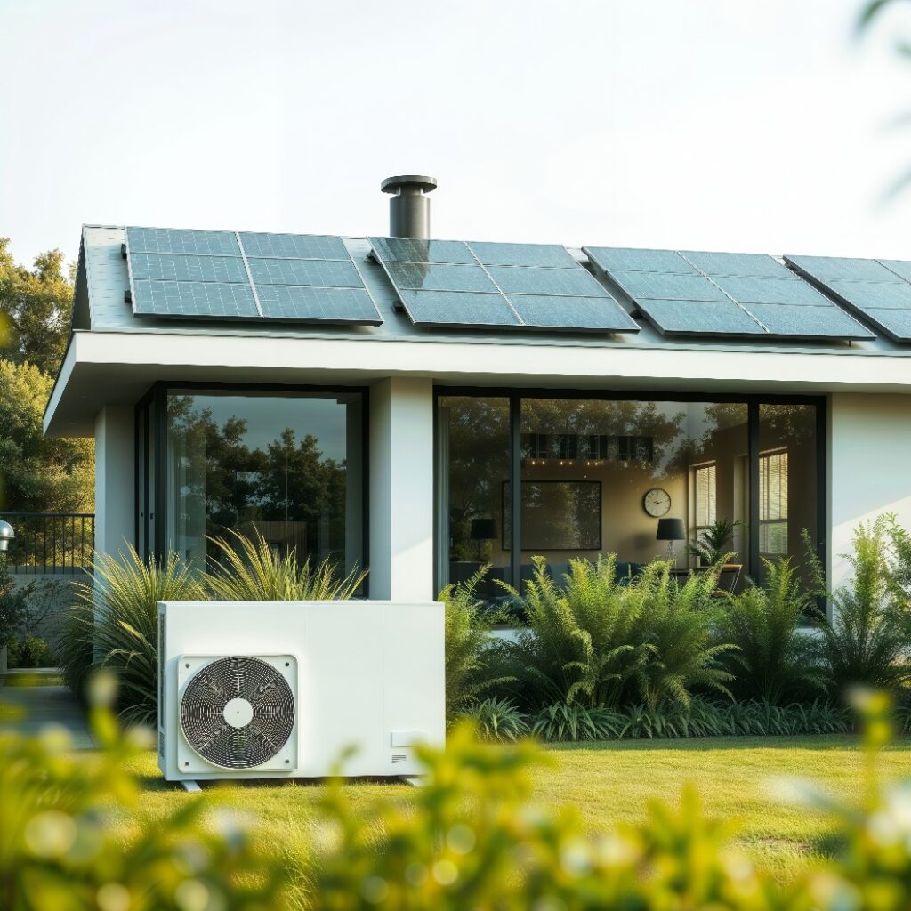 Solarbetriebene Wärmepumpe für Wohngebäude. Ein modernes Wohngebäude mit Sonnenkollektoren nutzt eine Wärmepumpe für eine energieeffiziente Klimatisierung.