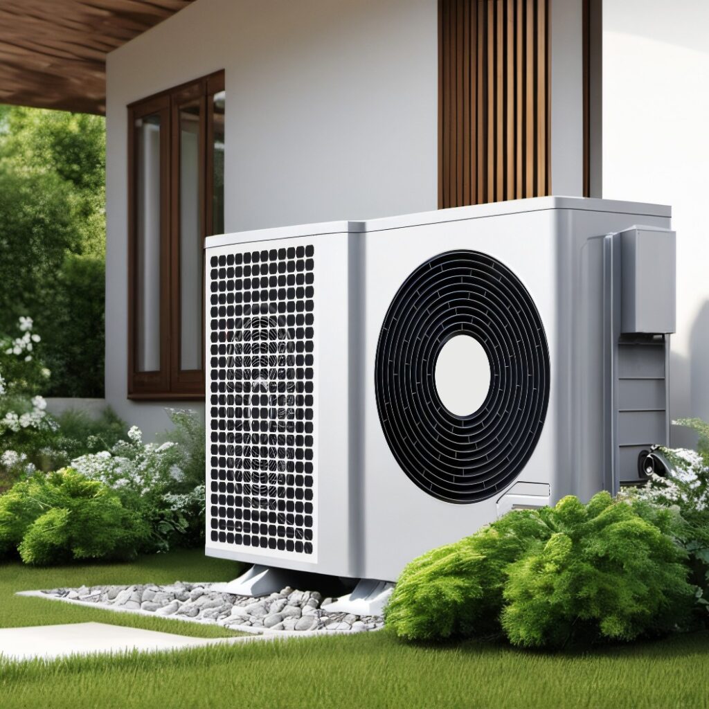 Wärmepumpe im Garten vor der Hauswand