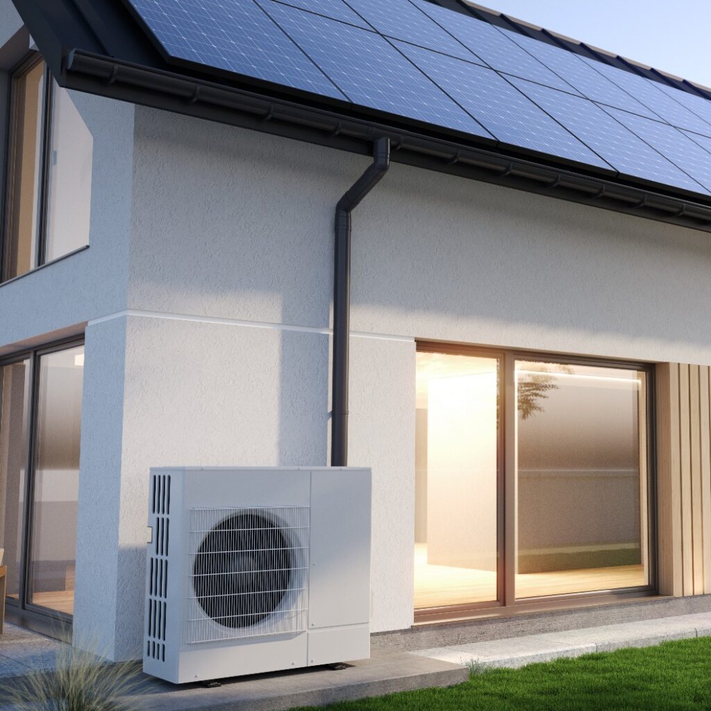 Wärmepumpe neben dem Haus und Sonnenkollektoren auf dem Dach. Das Konzept eines energieeffizienten Hauses. 3D-Illustration