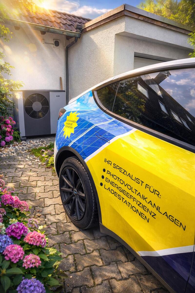 Gelb blaues Auto mit Solarpanel Motiv vor Haus und Waermepumpe im Sonnenlicht