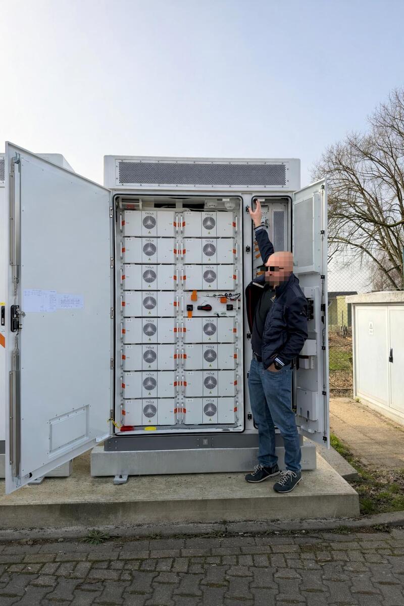 Mann neutral in dunkelblauer Jacke neben weißem Batterieschrank mit Modulen