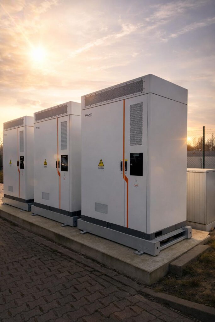 Drei weisse SolaX Batteriespeicherschraenke stehen bei Sonnenuntergang im Freien