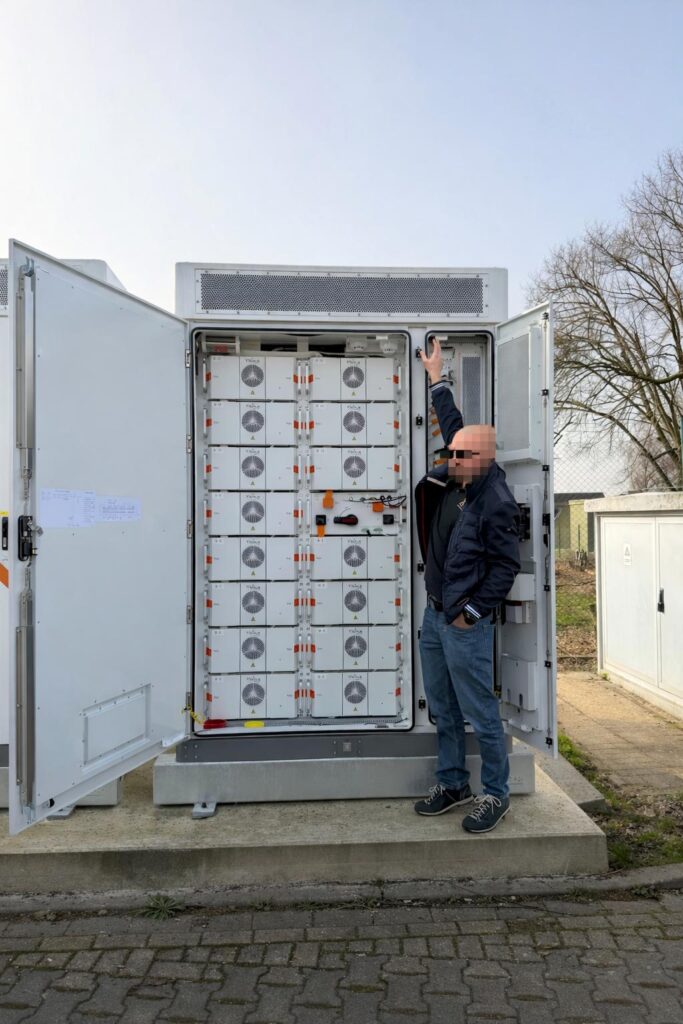 Ein Mann in Jeans und dunkler Jacke inspiziert einen Batteriespeicher