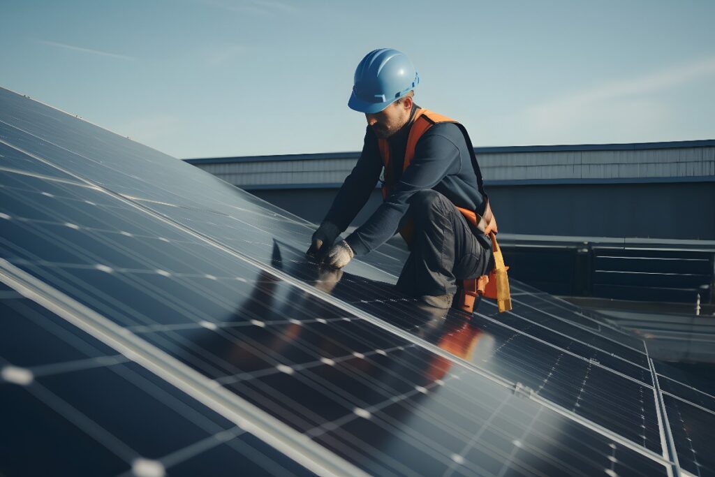 Ein Handwerker, der Solarmodule auf dem Dach installiert. Solarstromtechniker bei der Installation von Solarmodulen auf dem Dach, Elektrotechniker bei der Arbeit, Konzept zur Erzeugung alternativer, erneuerbarer grüner Energie